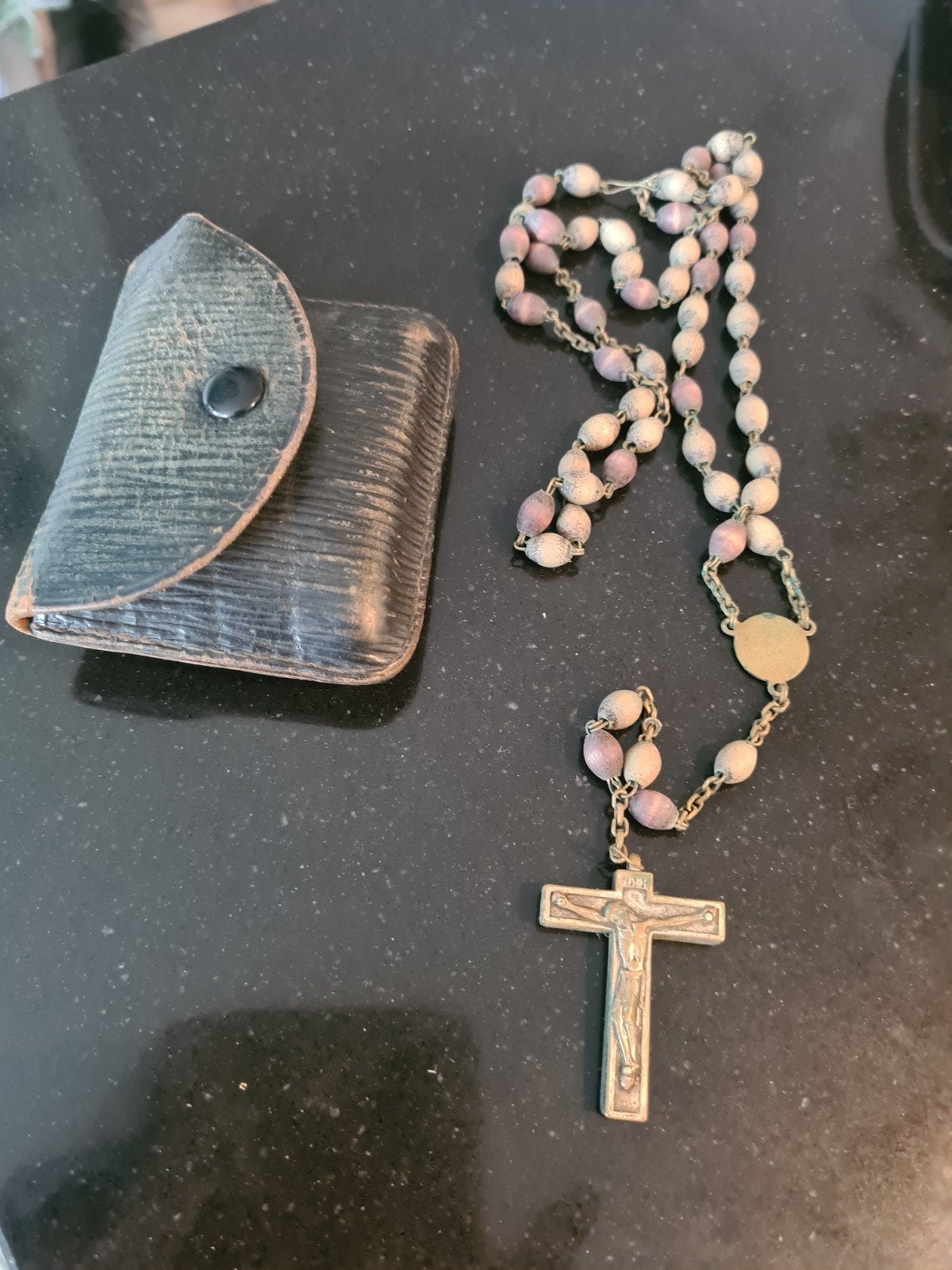 Vintage Rozenkrans met Kruis en Leren Etui, Ophalen of Verzenden