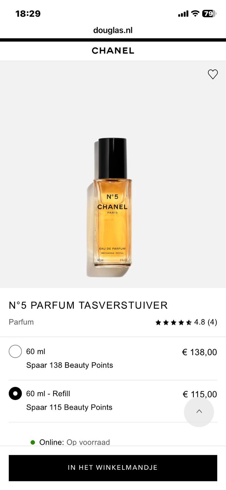 Chanel eau de parfum nieuw 60 ml, Ophalen, Zo goed als nieuw