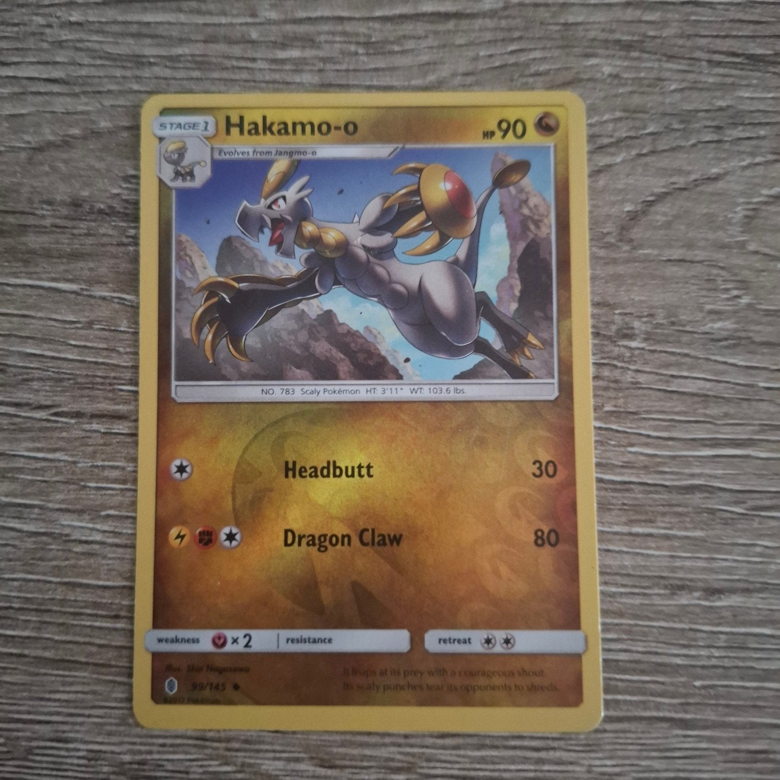 Pokemon Kaart Hakamo-o 89/145 Sun & Moon Guardians Rising, Ophalen of Verzenden, Zo goed als nieuw, Losse kaart, Foil