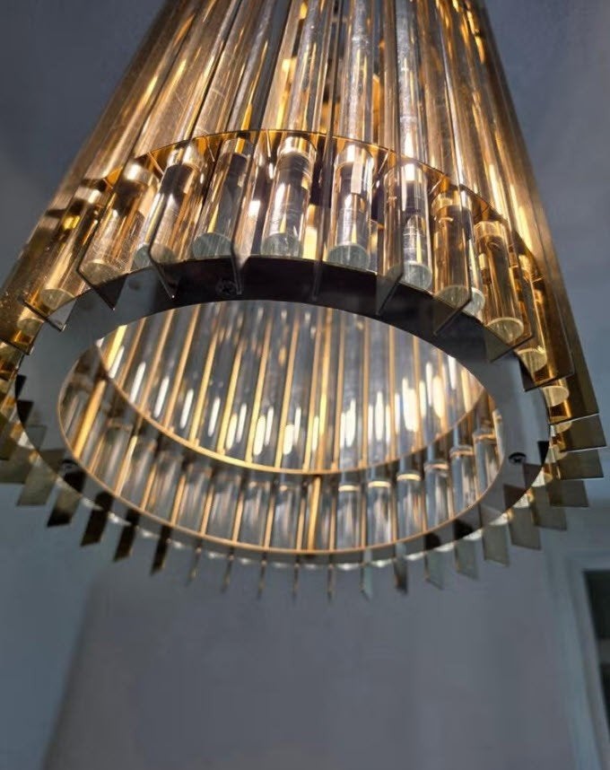 Vintage gouden hanglamp met glazen buizen, Ophalen, Vintage, Retro, Luxe, E27 (groot), Zo goed als nieuw