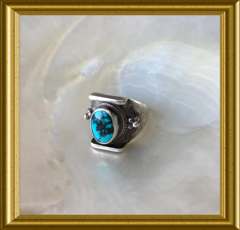Mooie zilveren ring met turkoois blauwe steen, Sieraden, Tassen en Uiterlijk, Antieke sieraden, Ophalen of Verzenden, Zilver, Ring