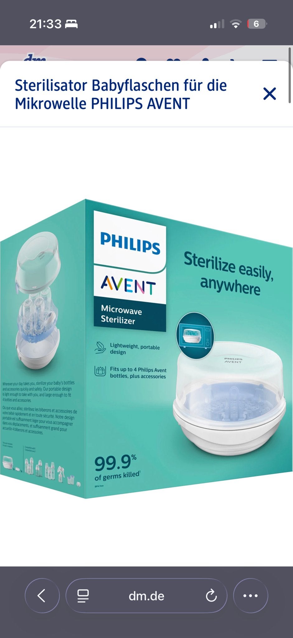 Philips Avent Magnetron Sterilisator Flessen, Ophalen of Verzenden, Zo goed als nieuw, Sterilisator, Philips Avent