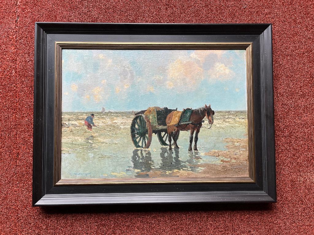 G.J. Delfgaauw Schilderij Strandgezicht Schelpenvisser GJ, Ophalen of Verzenden