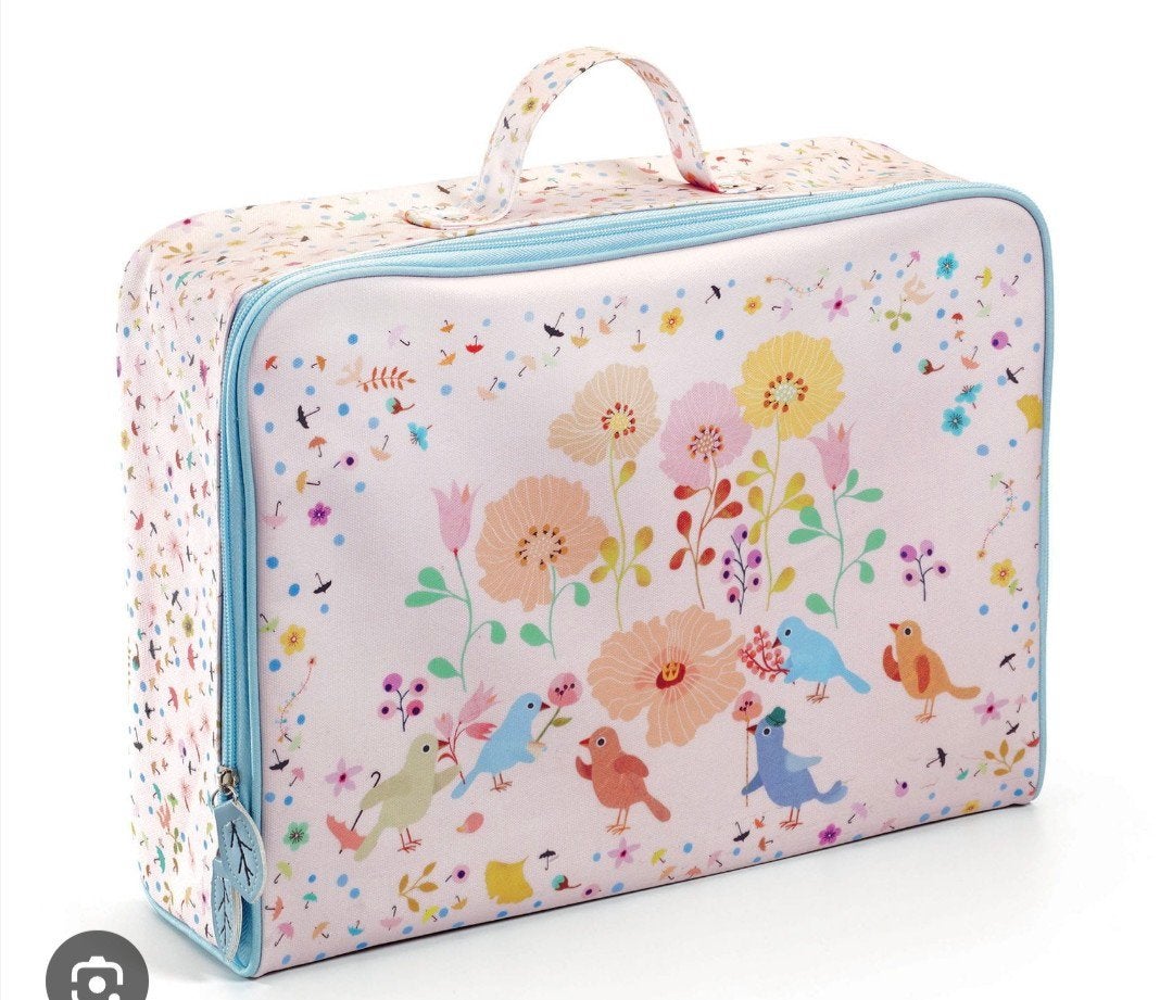 Djeco kinder koffer vogels en bloemen, Ophalen, Hard kunststof, Minder dan 50 cm, Zo goed als nieuw
