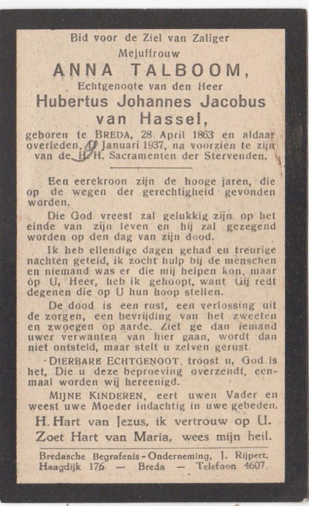 Anna Talboom 1863 Breda + 1937 Breda, 73 jaar oud, Verzenden
