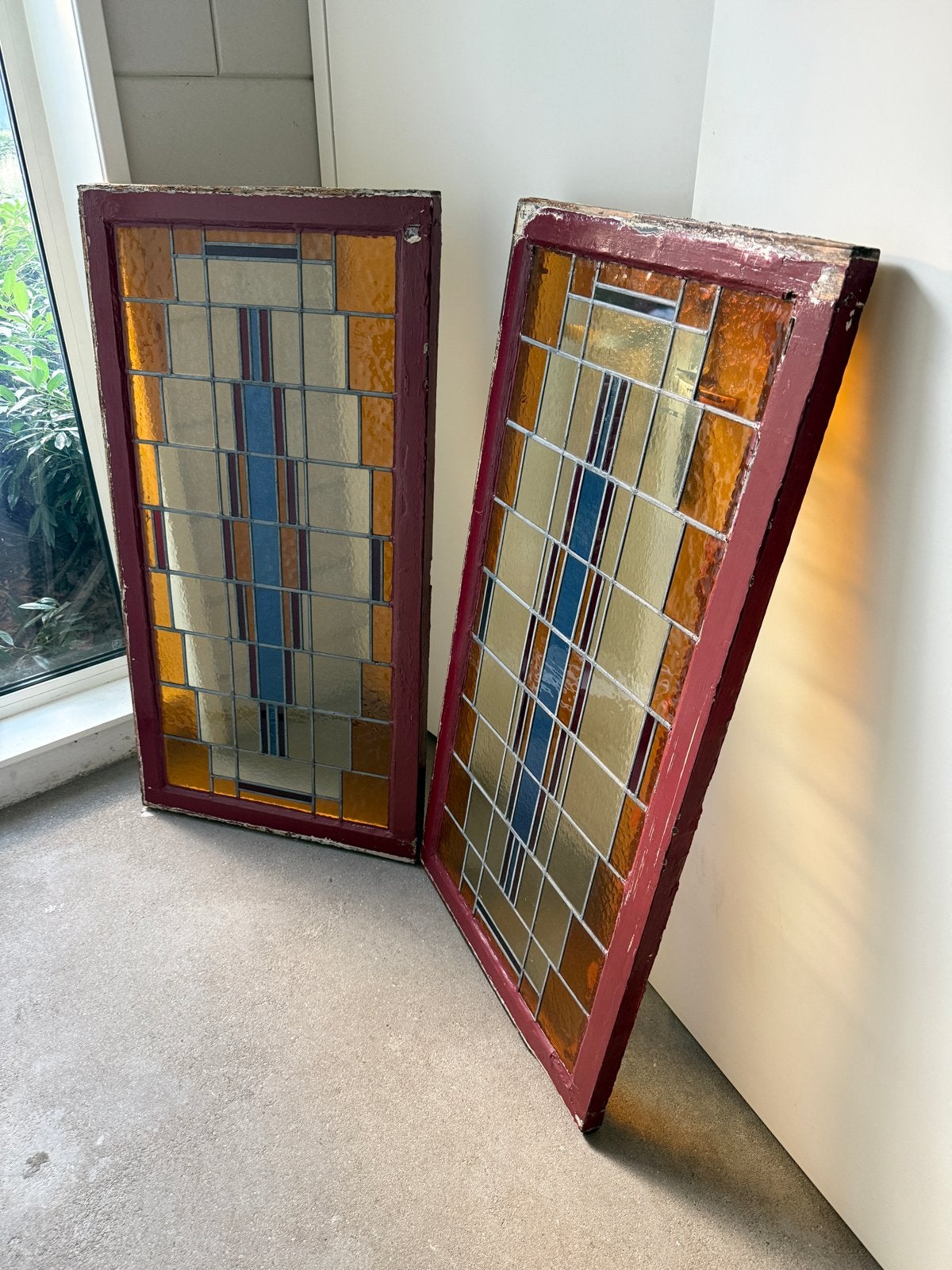 Set van 2 Art Deco Glas in Lood Ramen - Gebruikt, Doe-het-zelf en Verbouw, Glas en Ramen, Ophalen, Gevelraam of Ruit, Gebruikt
