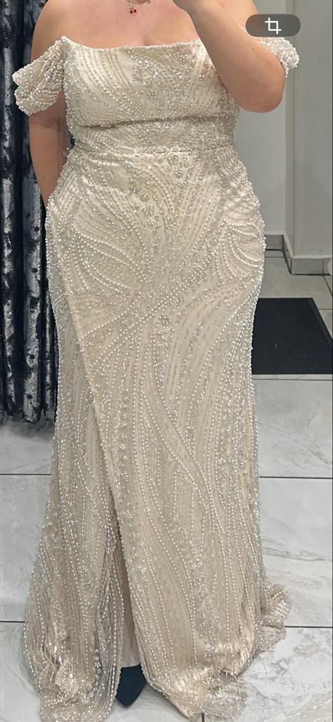Prachtige Avondjurk Abiye - Beige met Parelversiering, Ophalen, Galajurk, Beige, Maat 46/48 (XL) of groter