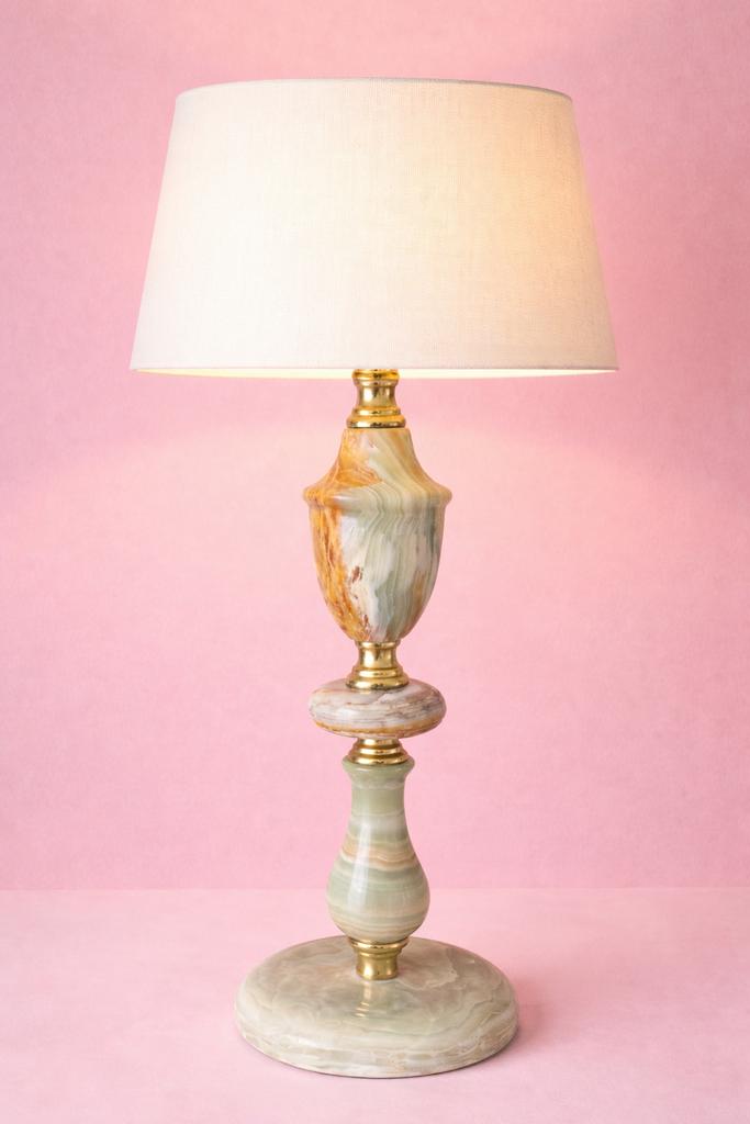 Vintage Tafellamp met marmeren onyx voet, Huis en Inrichting, Lampen | Tafellampen, Ophalen of Verzenden, Gebruikt, Stof, 50 tot 75 cm