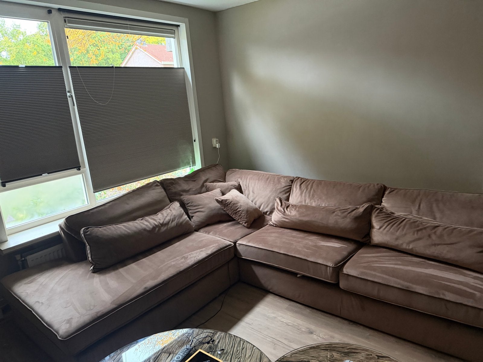 Ruime taupe loungebank - Hoekbank (310x260 cm), Huis en Inrichting, Ophalen, Gebruikt, Hoekbank, 300 cm of meer