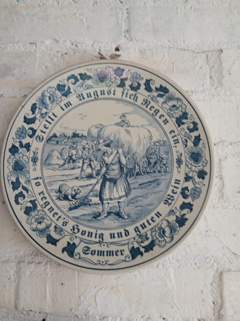 Antieke Duitse wandplaat met spreuk en boerenleven, Ophalen of Verzenden