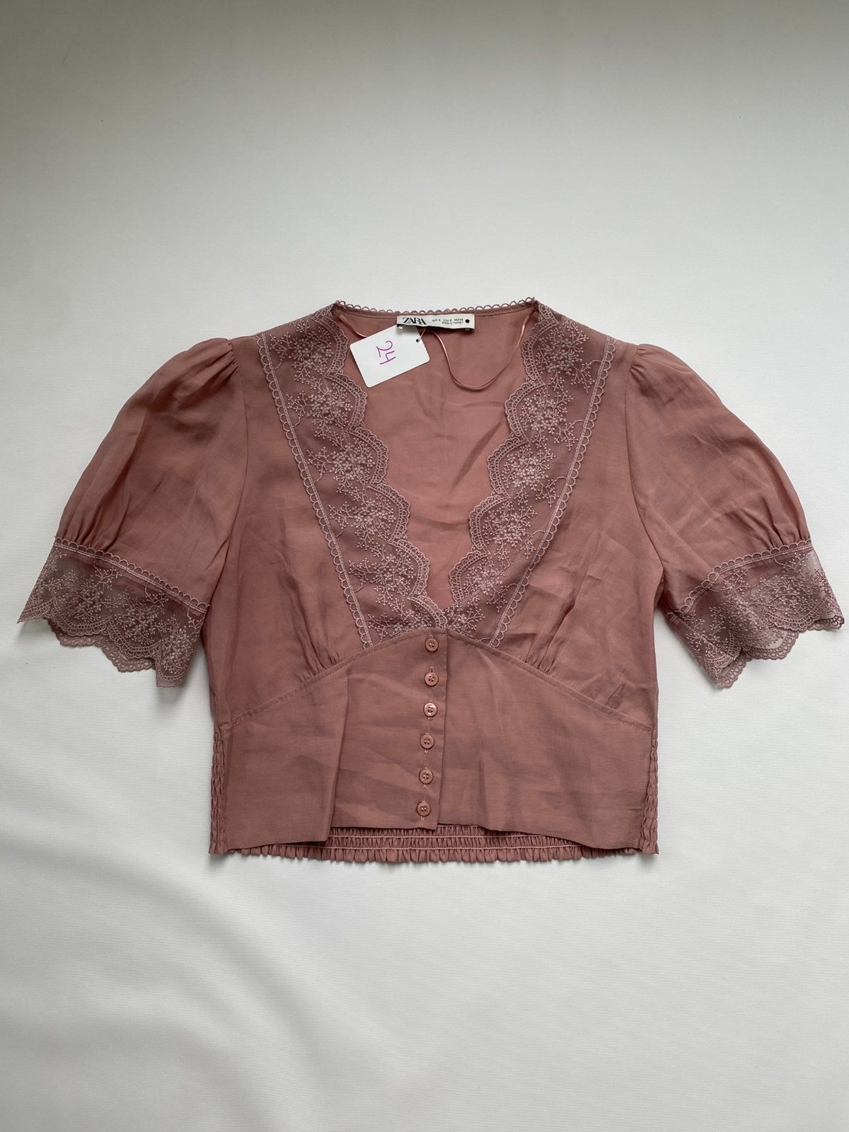 Zara roze top met kanten details maat S, Ophalen of Verzenden, Zo goed als nieuw, Korte mouw, Roze