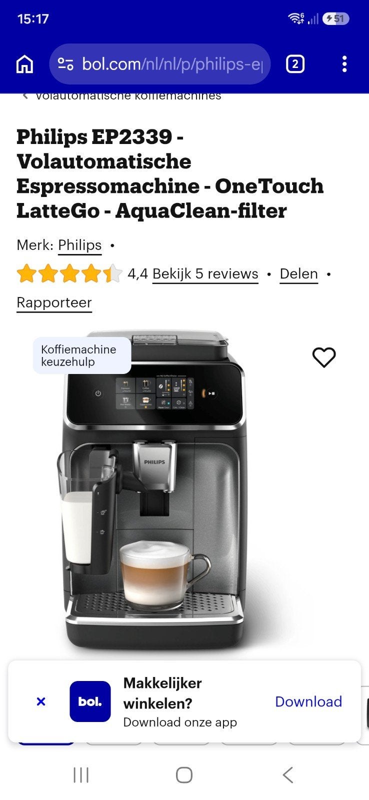 Philips EP2339 Volautomatische Espressomachine LatteGo, Afneembaar waterreservoir, Espresso apparaat, Zo goed als nieuw, Koffiebonen