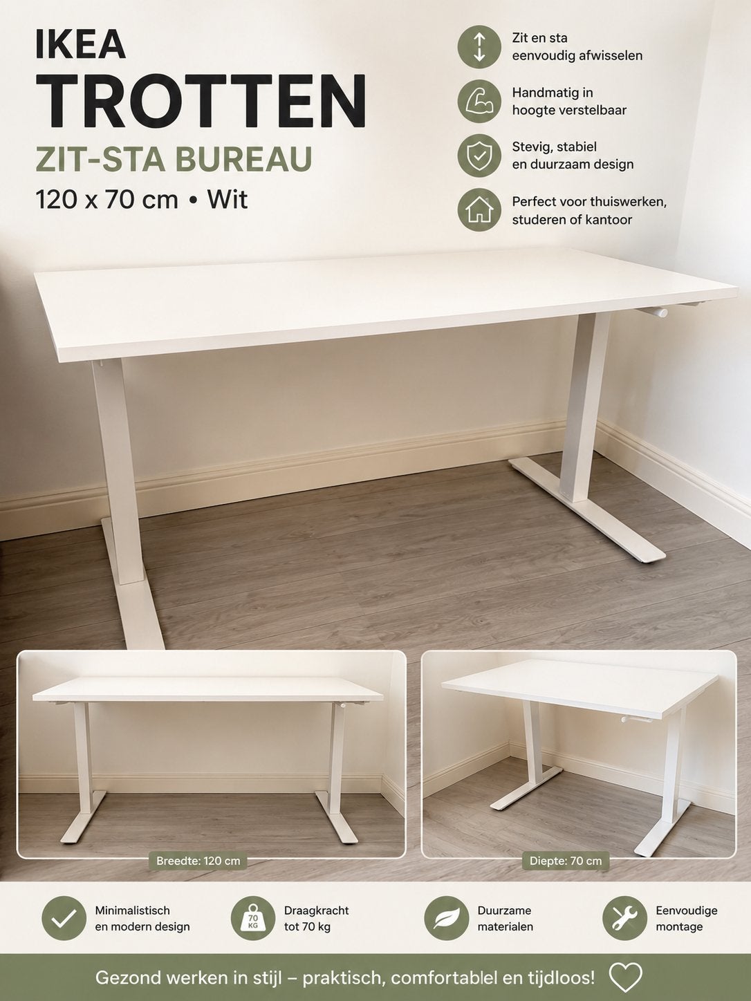 IKEA Trotten Zit-sta Bureau Wit 120x70 cm, Ophalen, Zit-sta bureau, Spaanplaat of MDF, In hoogte verstelbaar