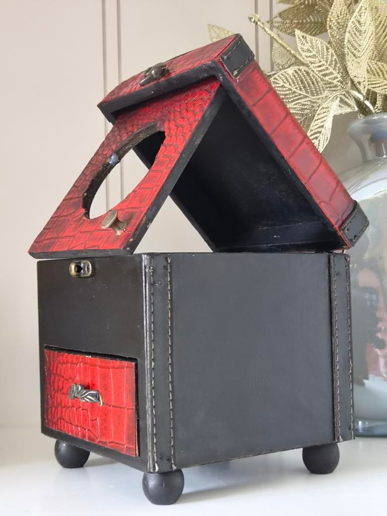 Vintage Houten Sieraden Doos met Leer - Beautycase, Ophalen of Verzenden, Gebruikt, Overige kleuren, Hardcase
