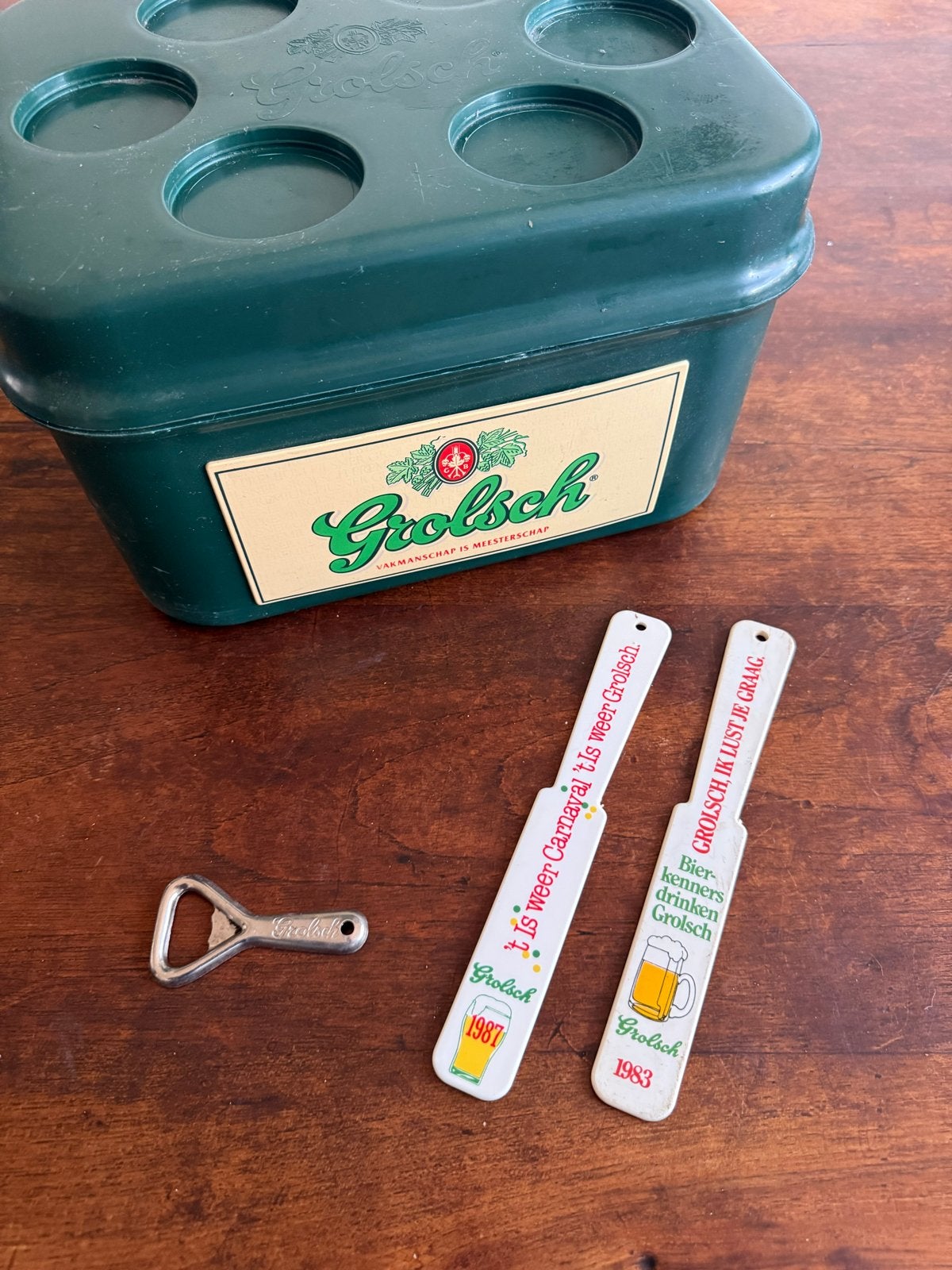 Grolsch Koelbox, Flesopener en afschuimers - Vintage Set, Ophalen, Gebruikt, Flesopener, Grolsch