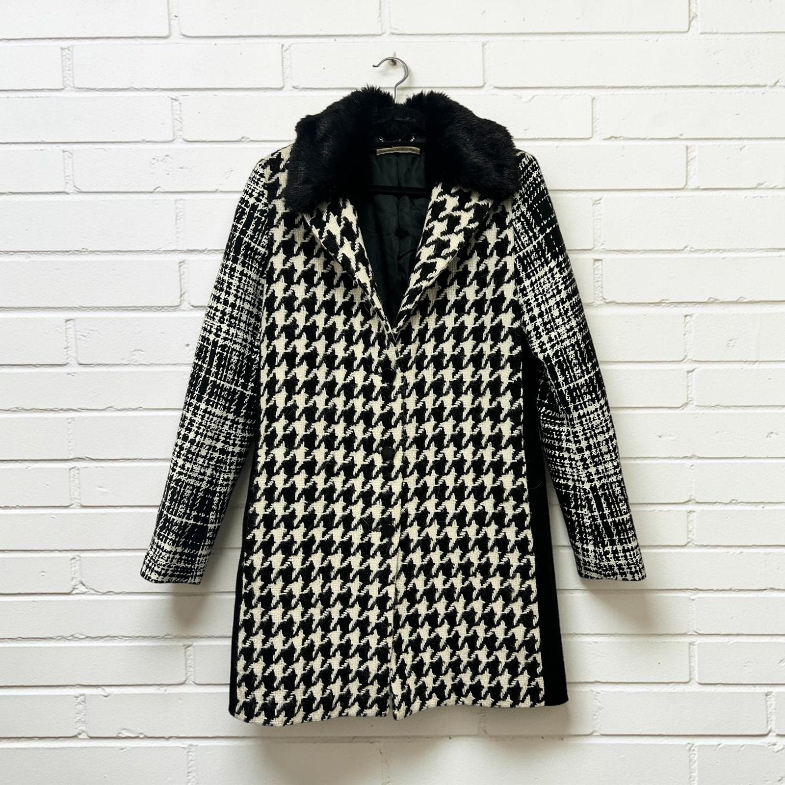 Vanilia Jas Maat 40 Zwart Wit Houndstooth Elements Wol, Maat 38/40 (M), Verzenden, Zwart, Zo goed als nieuw