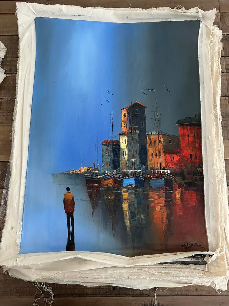 Stad aan de haven en het water | Olieverfschilderij 50*70, Antiek en Kunst, Kunst | Schilderijen | Modern, Ophalen of Verzenden