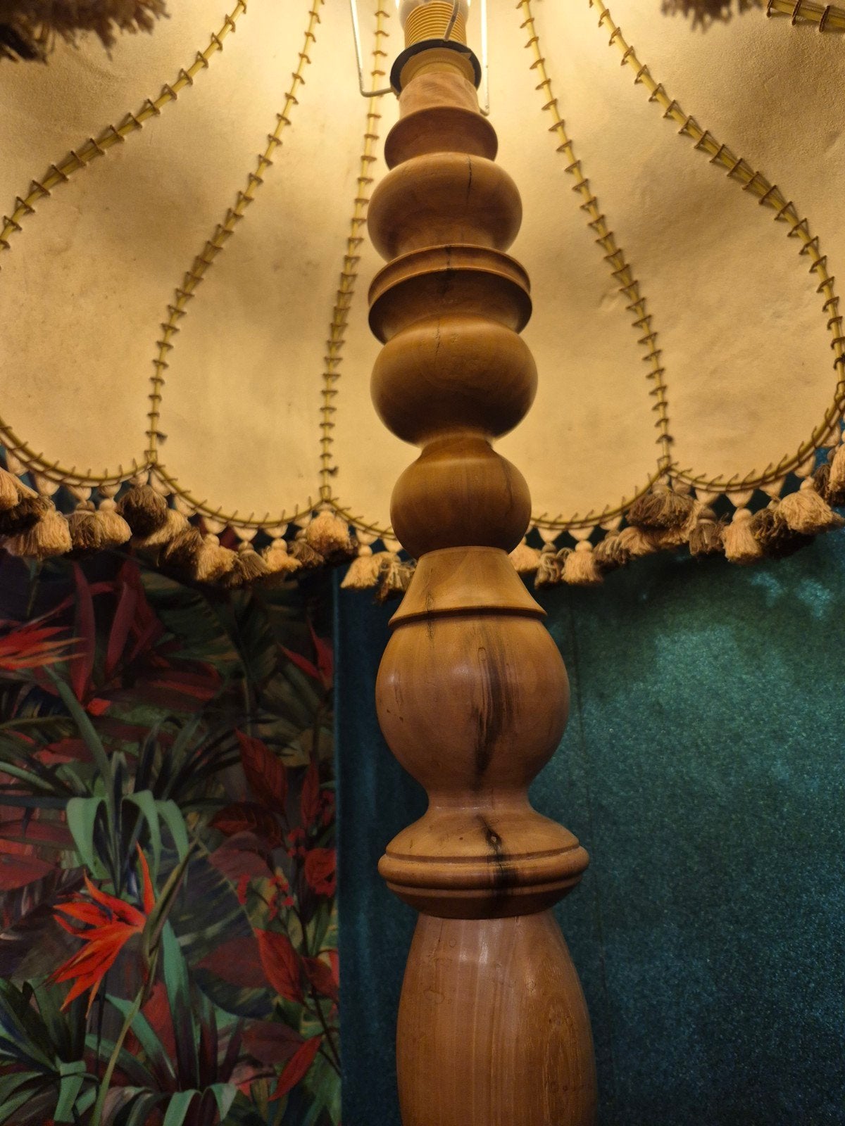 Vintage Vloerlamp met Houten Voet en Stoffen Kap, Ophalen