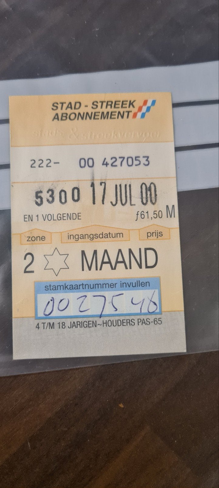 Origineel Stad-Streek maandabonnement 2000 – 2 ster, Tickets en Kaartjes, Eén persoon, Algemeen kaartje