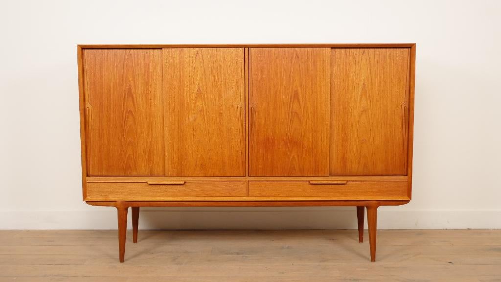 Vintage Deense kast met Schuifdeuren Gunni Omann | omann Jun, Met deur(en), 150 tot 200 cm, Teakhout, Ophalen of Verzenden