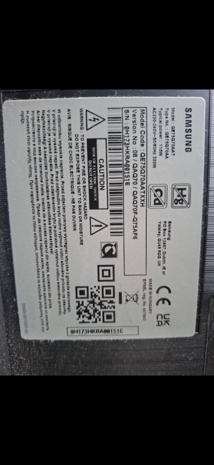 Samsung 75 inch QLED 4K Smart TV QE75Q70A - Scherm defect