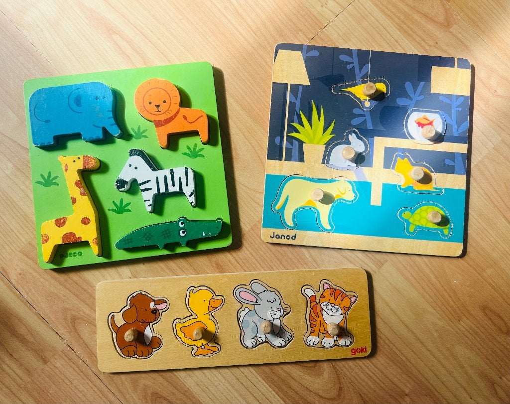 3x Dieren puzzels + Houten puzzel, 2 tot 4 jaar, Gebruikt, Ophalen of Verzenden, Van hout