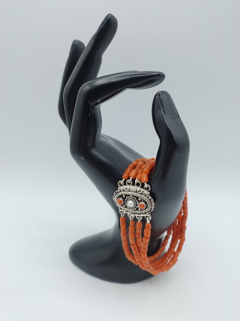 Bloedkoralen armband met zilveren slot met parel, 19 cm, Gebruikt, Info@zilverwebsite.nl, Verzenden, Zilverwebsite.nl