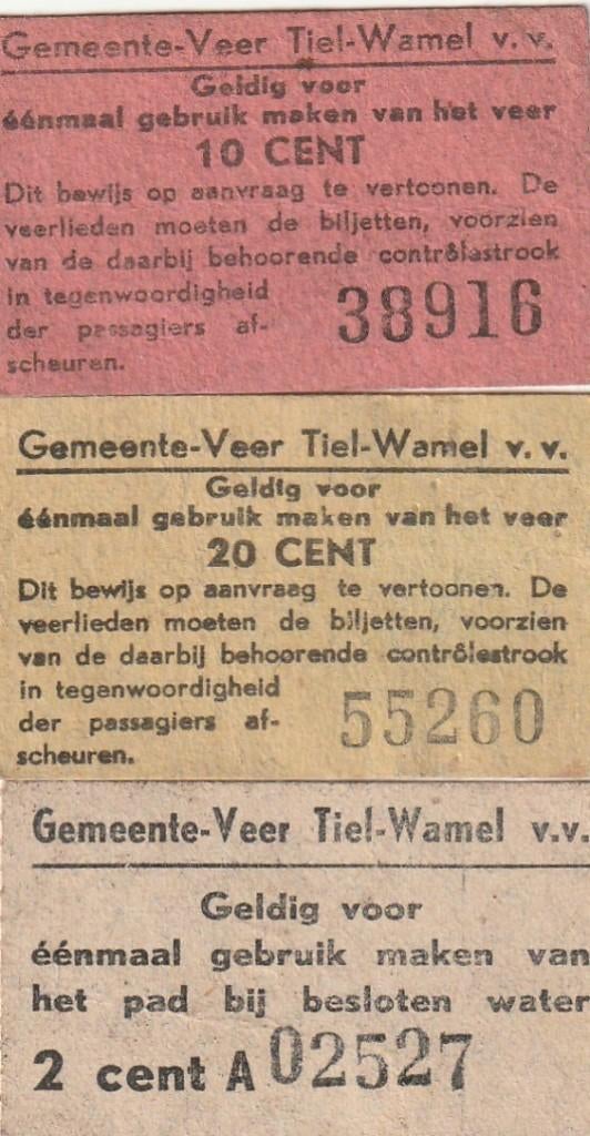 Drie kaartjes Gemeente-Veer Tiel - Wamel, Verzamelen, Verzenden, Gebruikt
