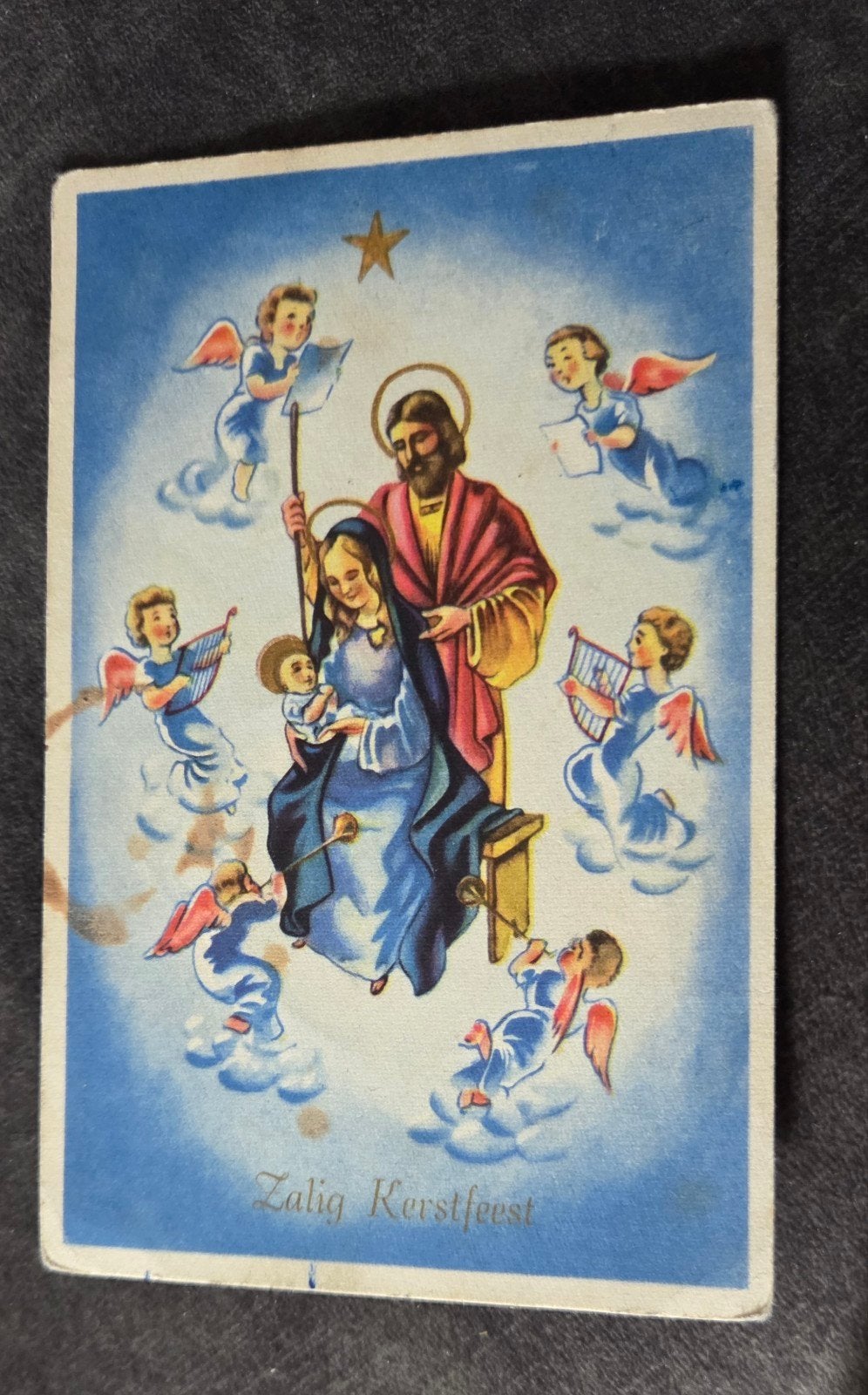 Oude Kerstkaart met Jozef, Maria en Jezus - Zalig Kerstfeest, Verzenden, 1940 tot 1960, Gelopen, Feest(dag)