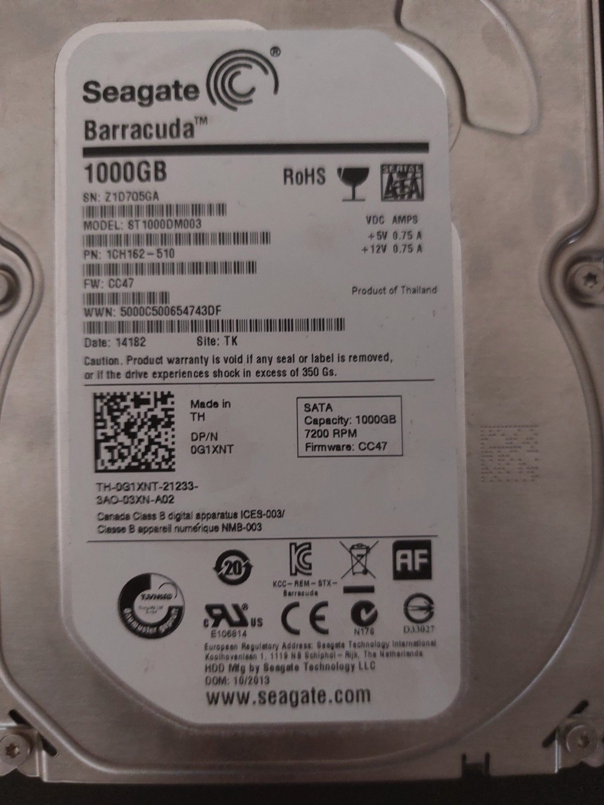 Seagate Barracuda 1TB HDD - SATA 7200 RPM, Computers en Software, Harde schijven, Ophalen, Intern, Gebruikt, Server