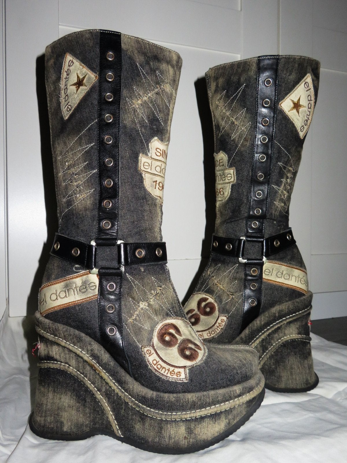 RARE Vintage EI Dantés Denim Patchwork Platform Wedge Boots, Ophalen, Hoge laarzen, Bruin, Nieuw