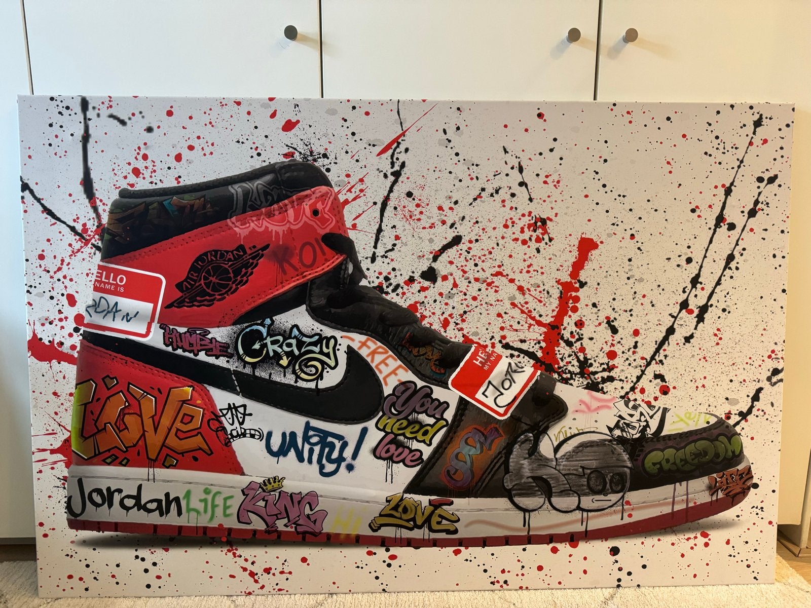 Kunstwerk Nike Jordan schoen - 145x95 cm, Antiek en Kunst, Ophalen, Textiel, Op houten frame, Overig onderwerp
