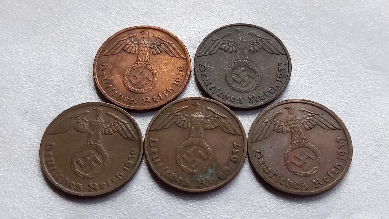WO2 5x 1 Reichspfennig brons nazi duitsland, Ophalen of Verzenden, Duitsland, Setje