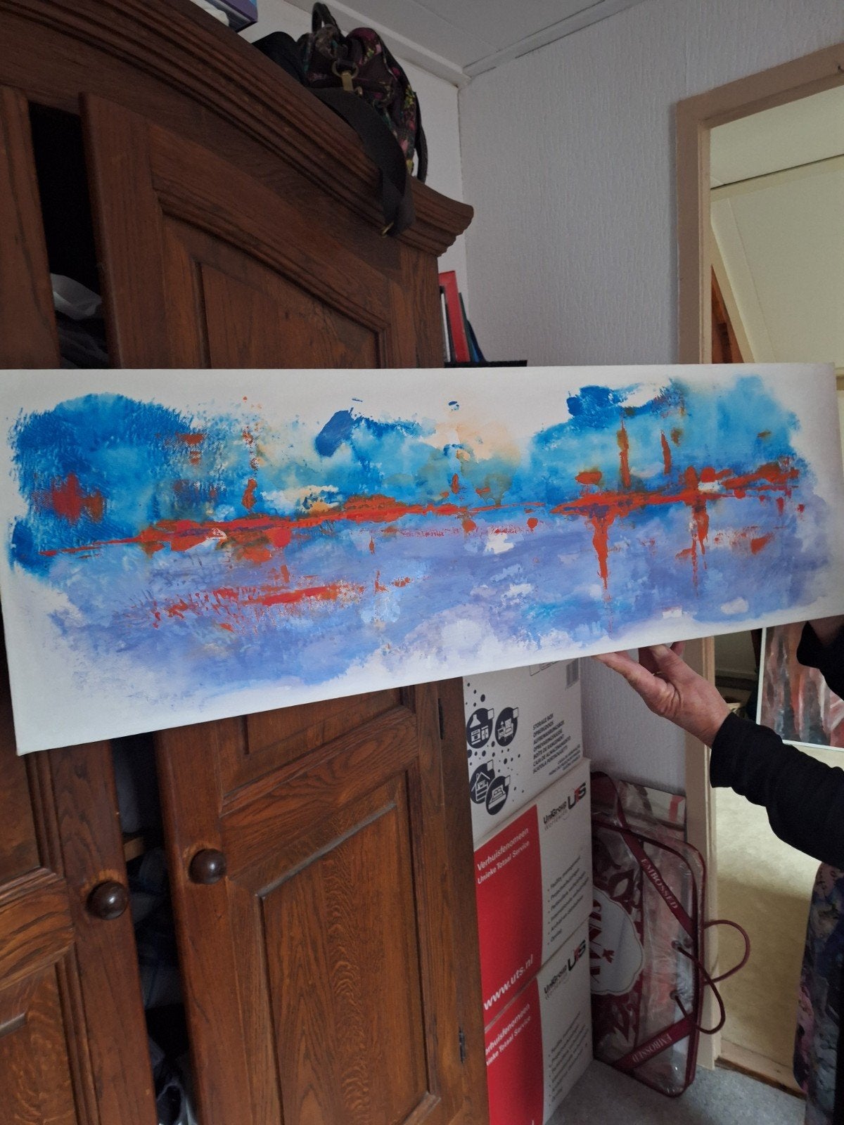 Abstract schilderij: Blauw en Oranje Landschap, Ophalen