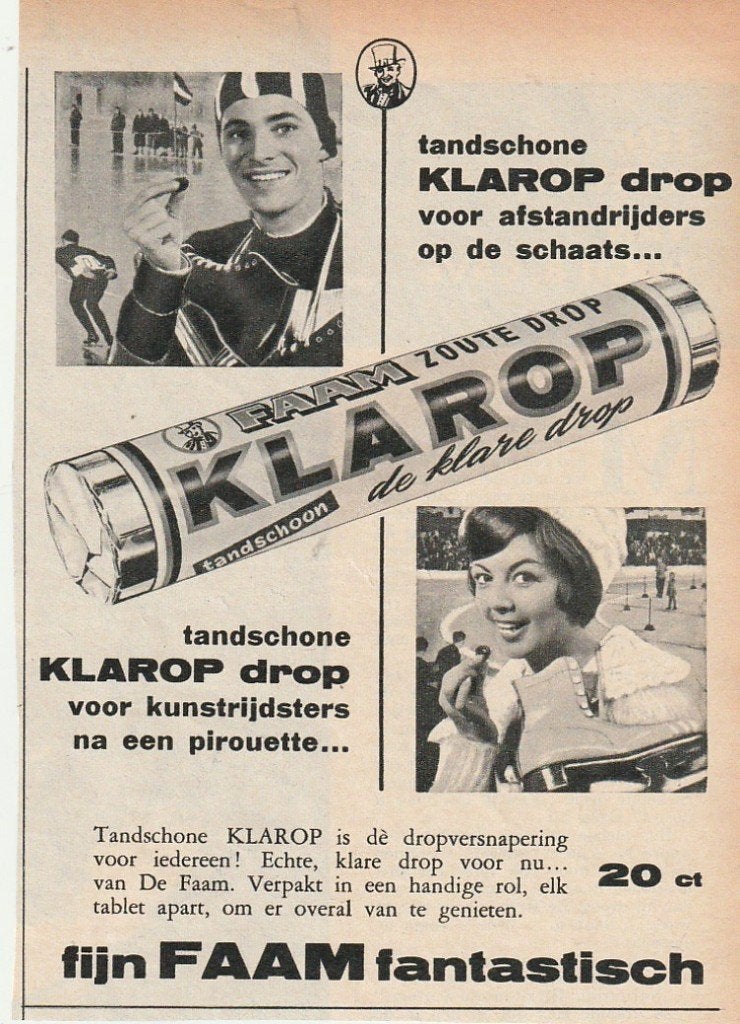 Retro reclame 1960 Faam Klarop drop voor schaatsers, Verzenden, Overige typen