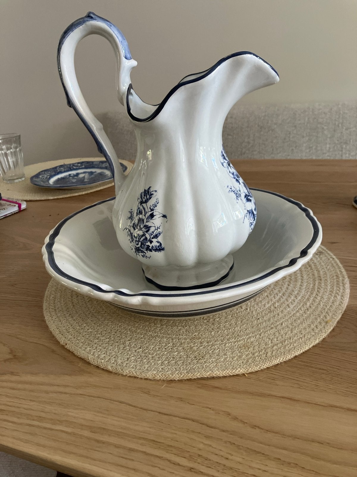 Antieke Keramische Wasstel - Kan en Kom met Bloemen, Antiek en Kunst, Ophalen of Verzenden