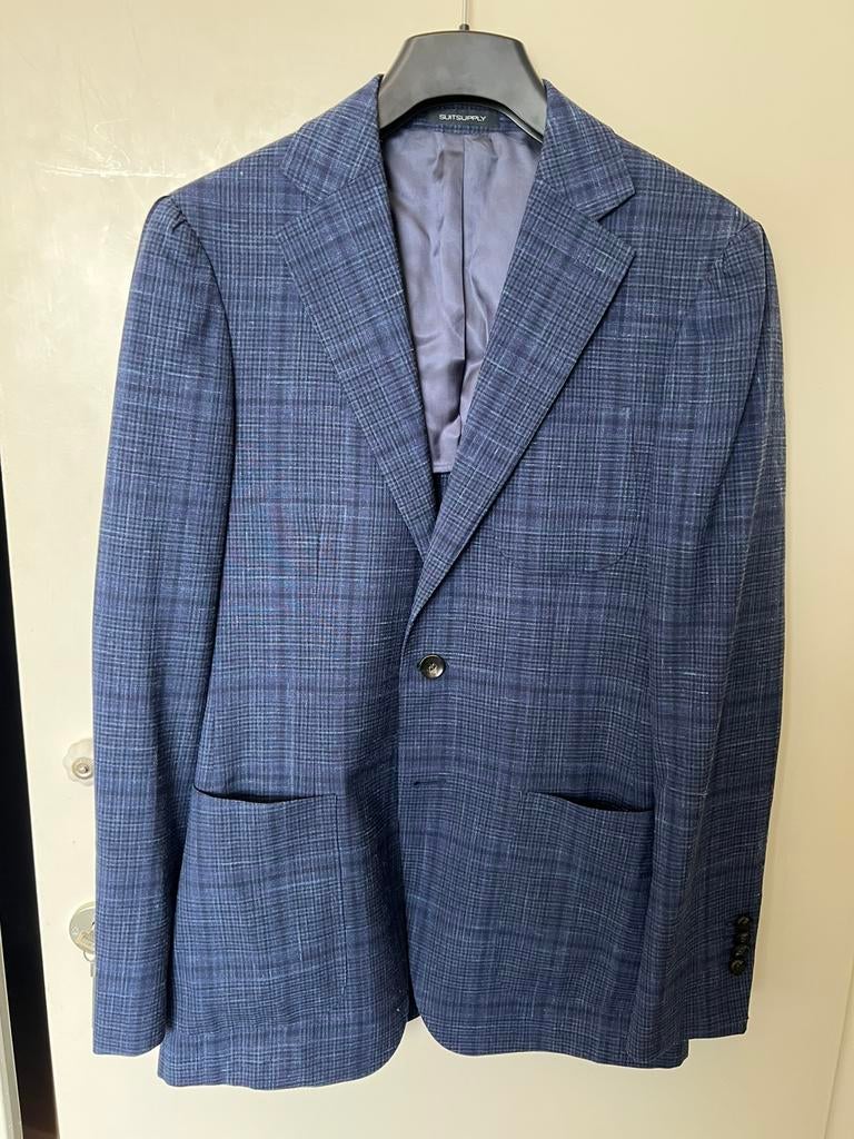 SUITSUPPLY Havana Colbert Blauw Ruit Wool/Silk/Linen Maat 44, Kleding | Heren, Ophalen of Verzenden, Zo goed als nieuw, Blauw
