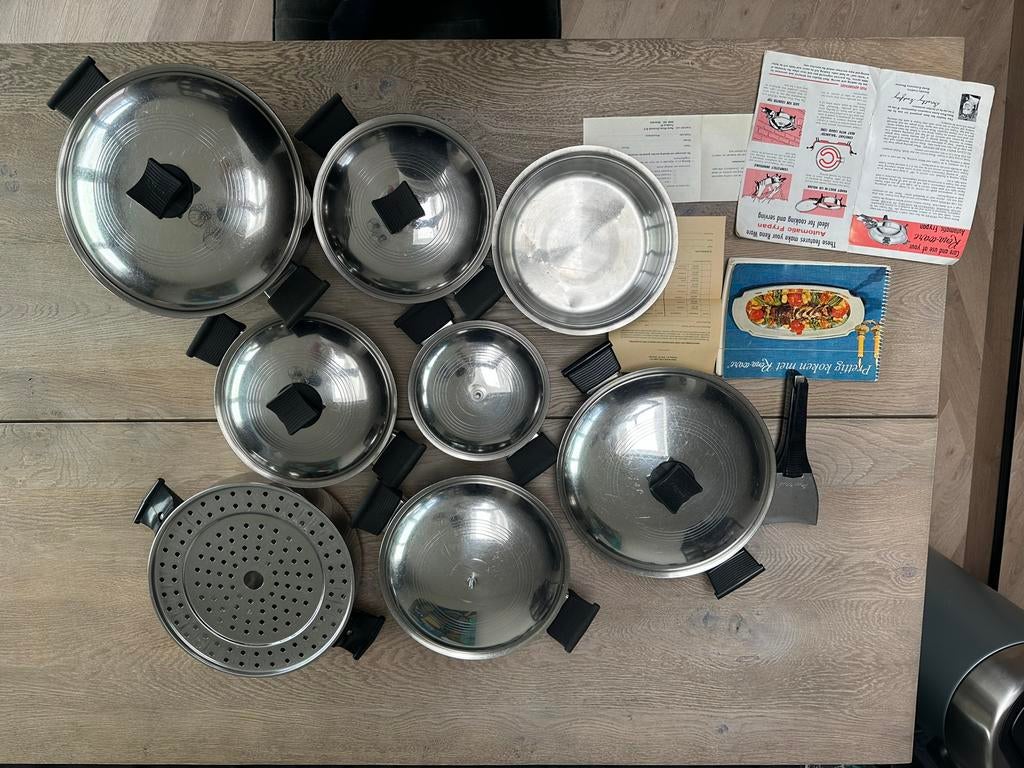 Vintage RVS Pannenset - Rena-Ware (50 jaar oud), Ophalen, Zo goed als nieuw, Rvs, Pannenset