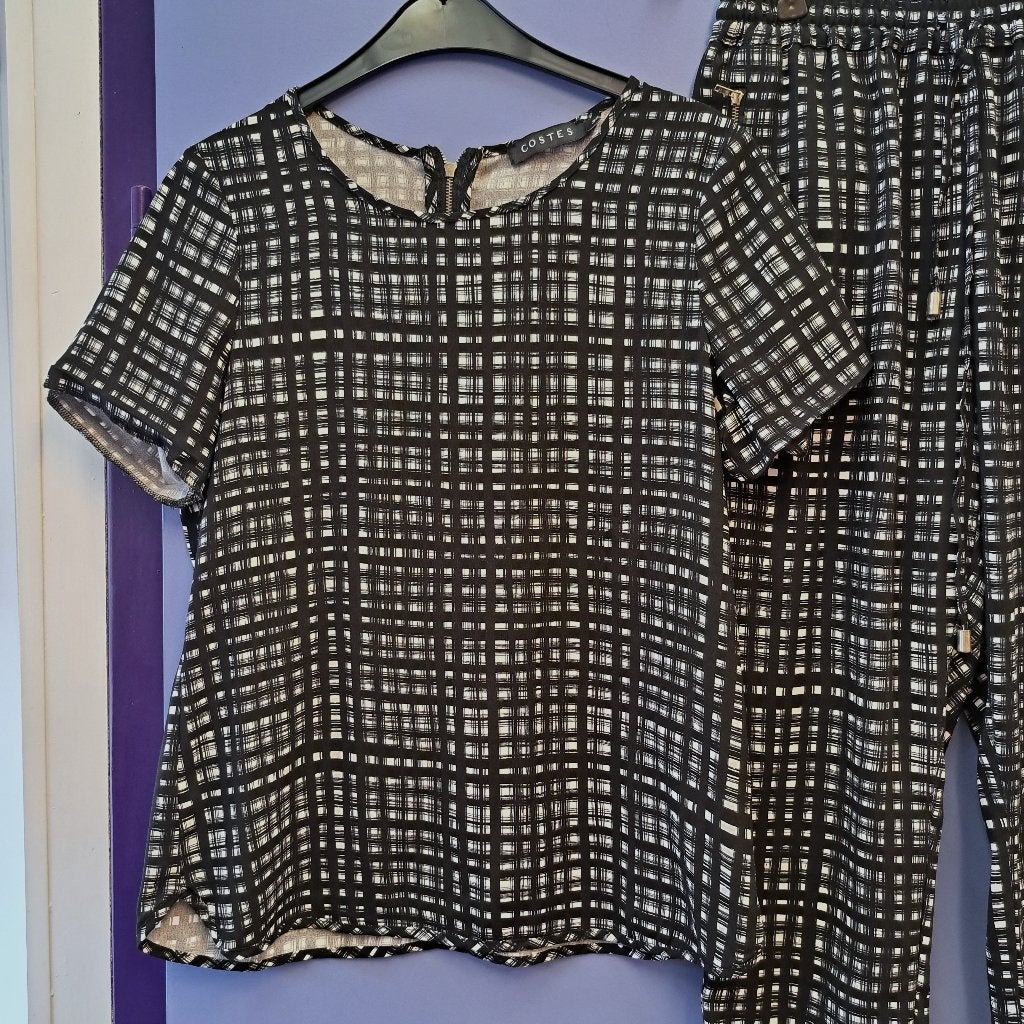Costes set: casual broek + shirt. zwart/wit geruit S 42887, Kostuum of Pak, Costes, ., Zwart