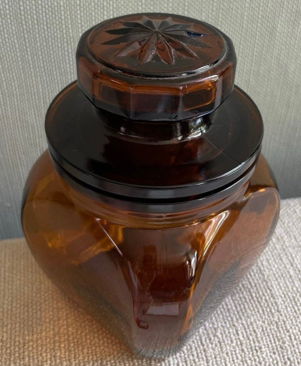 Vintage Amberkleurige Glazen Voorraadpot met Deksel, Ophalen of Verzenden