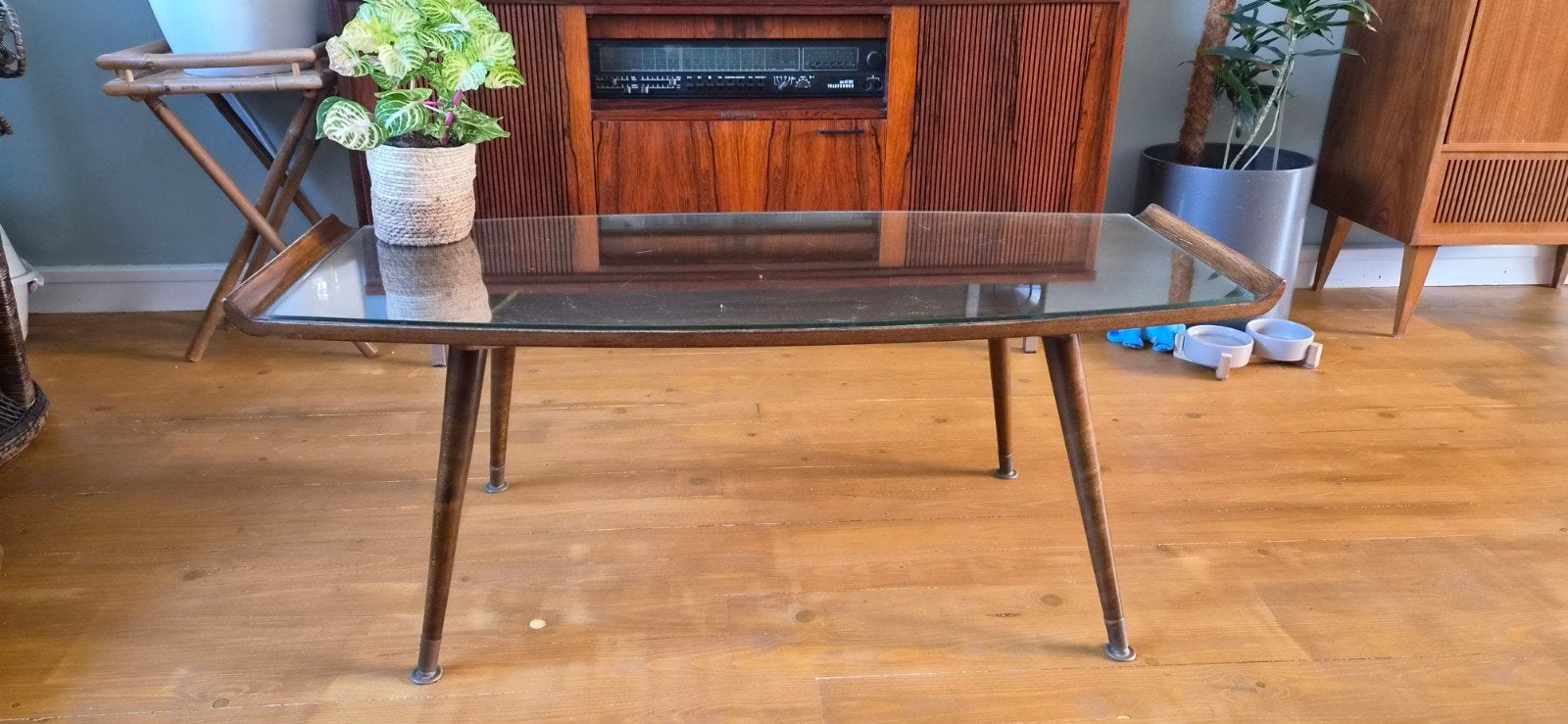 Vintage mid century salontafel - Teak met glasplaat, Ophalen