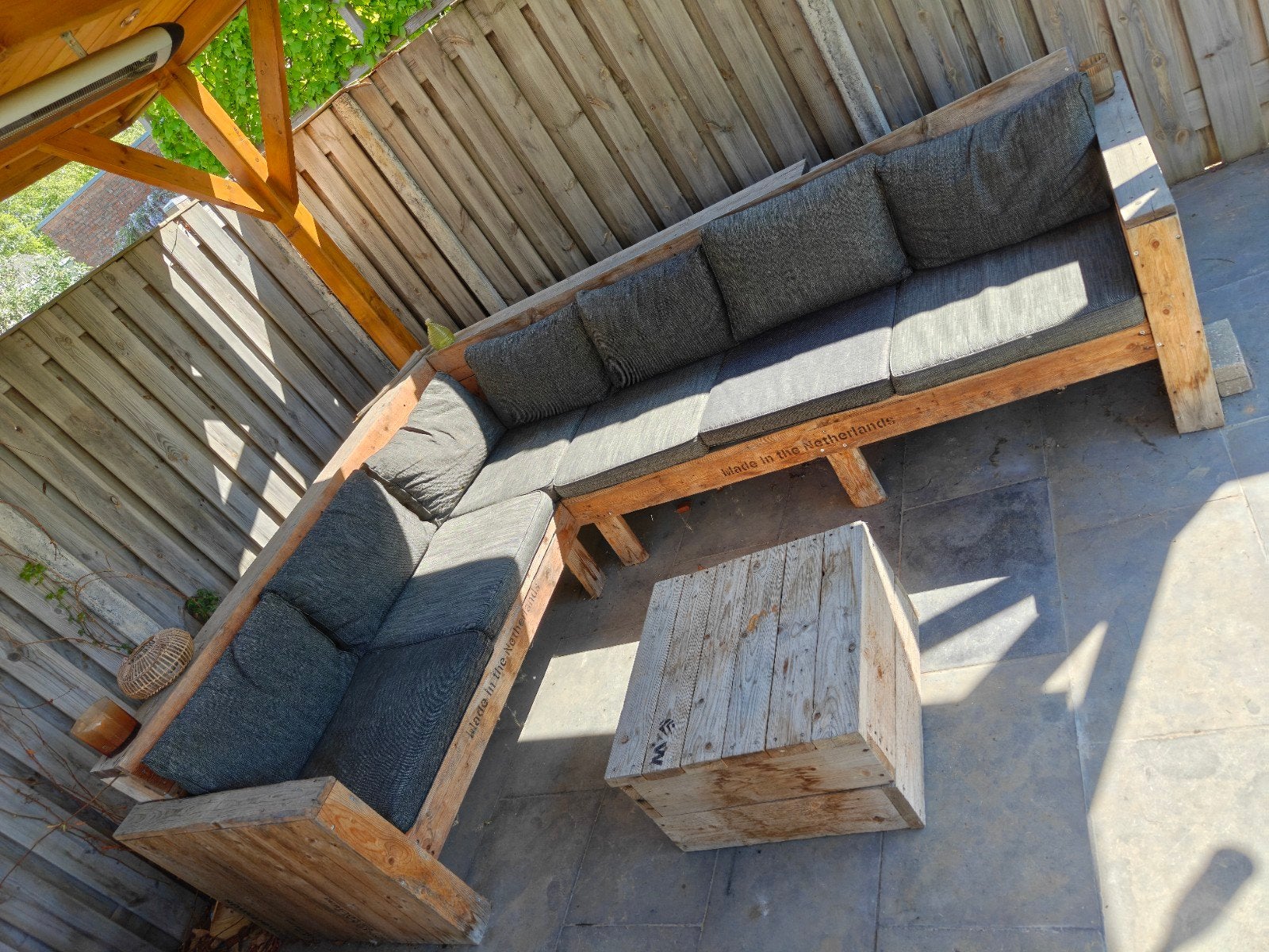 Steigerhouten loungeset met kussens en bijzettafel, Ophalen, Steigerhout, Bijzettafel