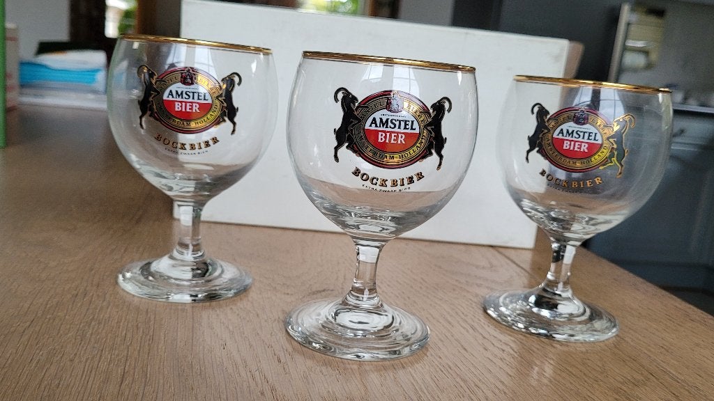 Amstel Bockbier glazen en Grolsch WK-voetbal 1998 glazen, Ophalen, Zo goed als nieuw, Glas of Glazen, Amstel