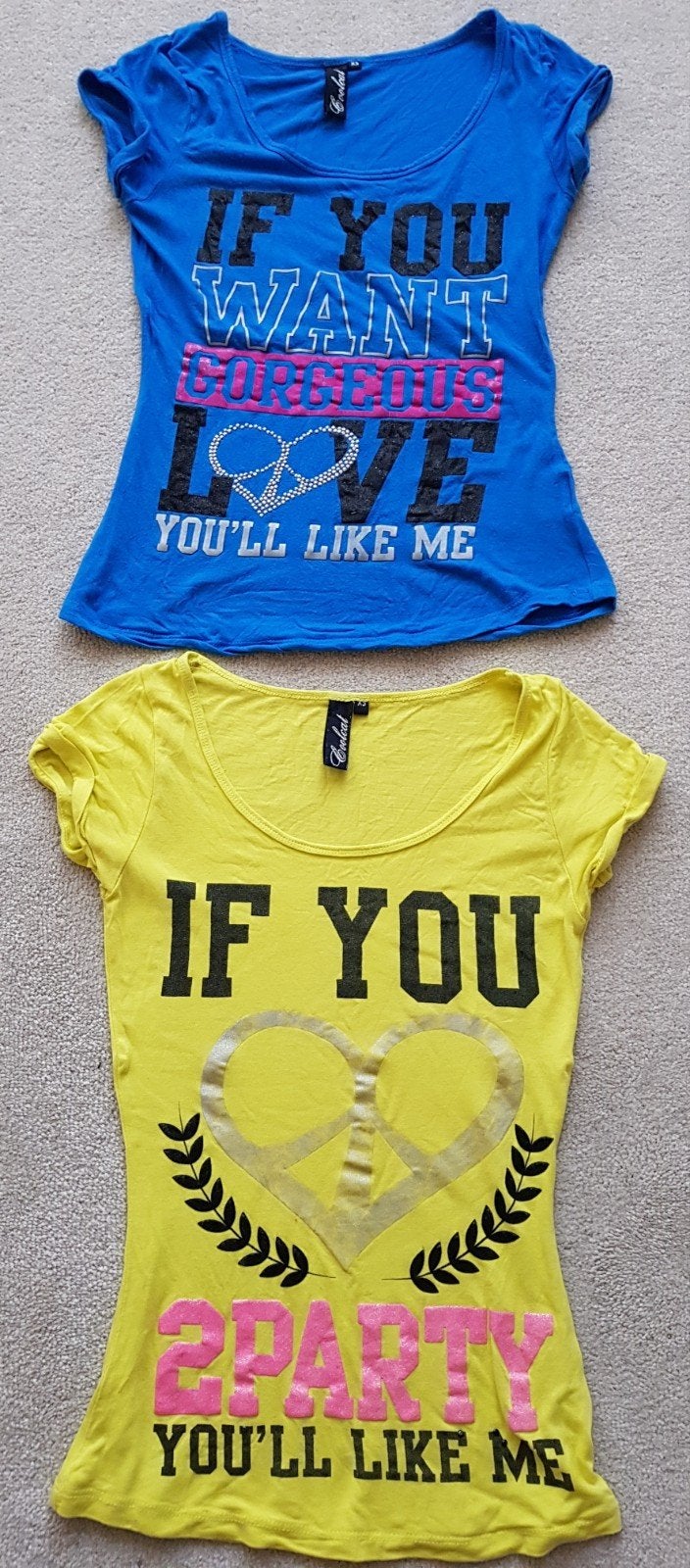 t-shirt feest tshirt blauw en geel maat xs cool cat kleding, Verzenden, Geel, Zo goed als nieuw, Coolcat