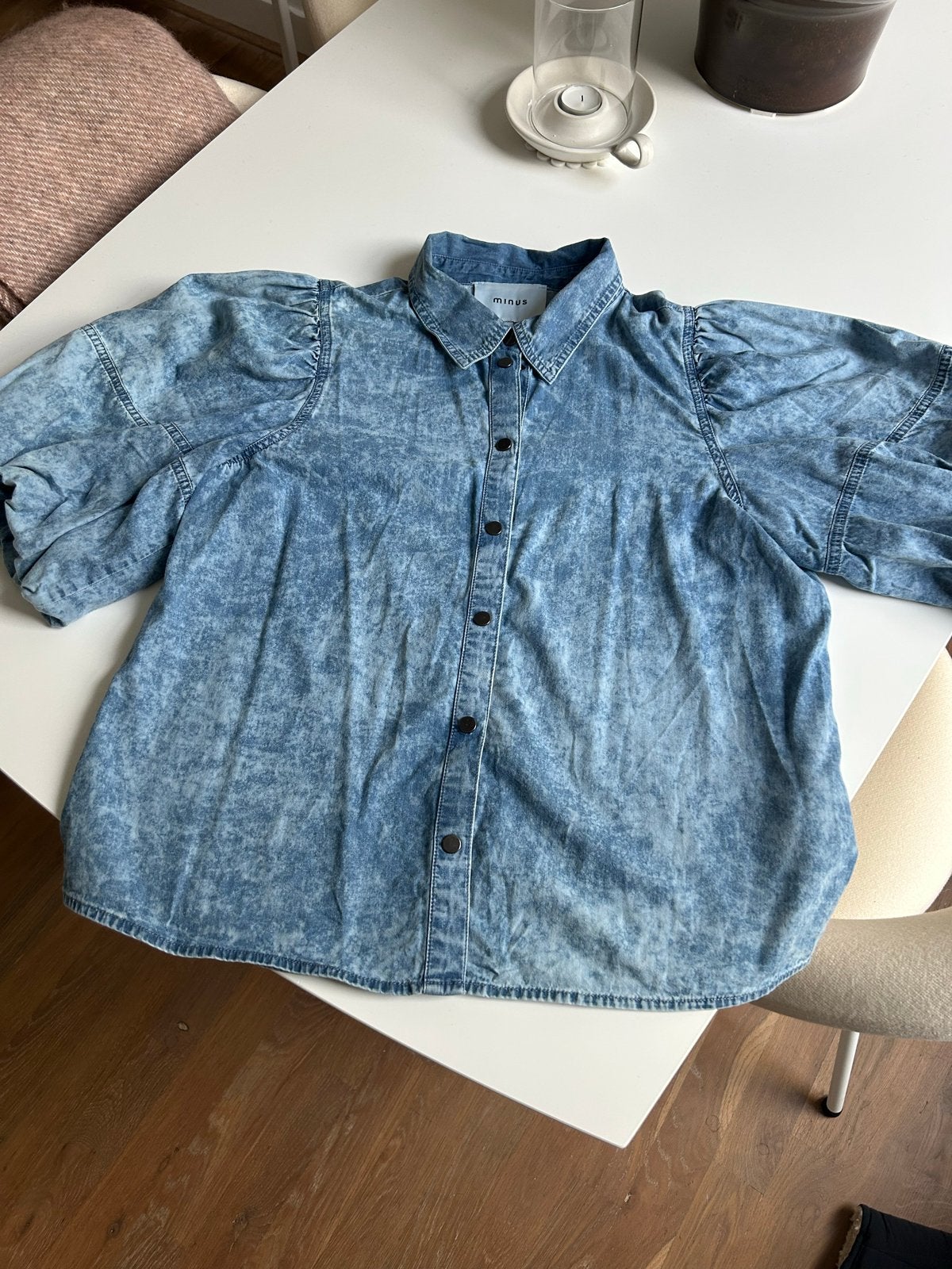 Minus spijkerblouse met pofmouwen - Maat 40, Ophalen of Verzenden, Zo goed als nieuw, Maat 38/40 (M), Blauw