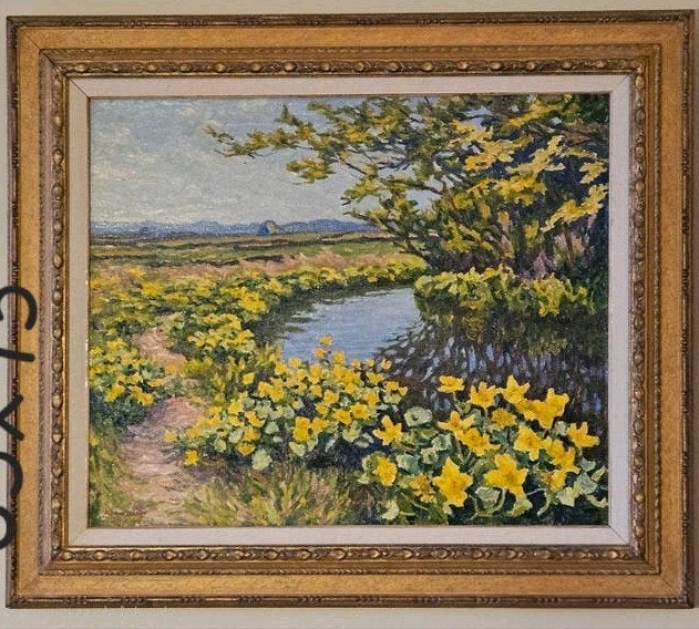 Olieverf schilderij Blok van der Velden, met narcissen, Ophalen