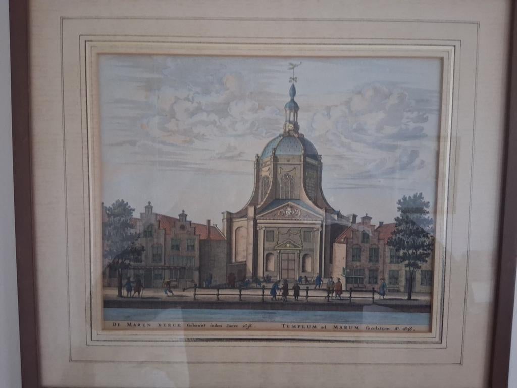 6x 17e eeuwse ingelijste kopergravures van gebouwen Leiden, Antiek en Kunst, Stadsgezicht, Ophalen of Verzenden, Gravure, 1700 - 1799