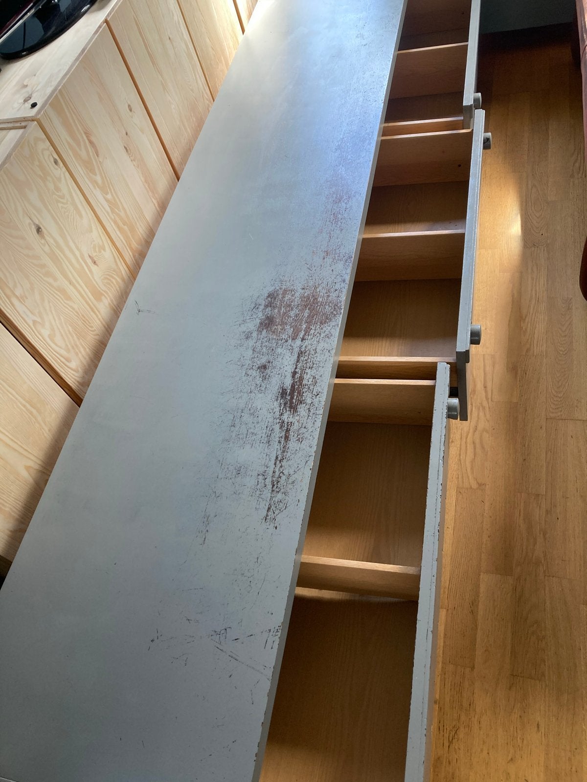 Grijze lage kast met lades - Gebruikt, Ophalen, Gebruikt, 200 cm of meer, Met lade(s)