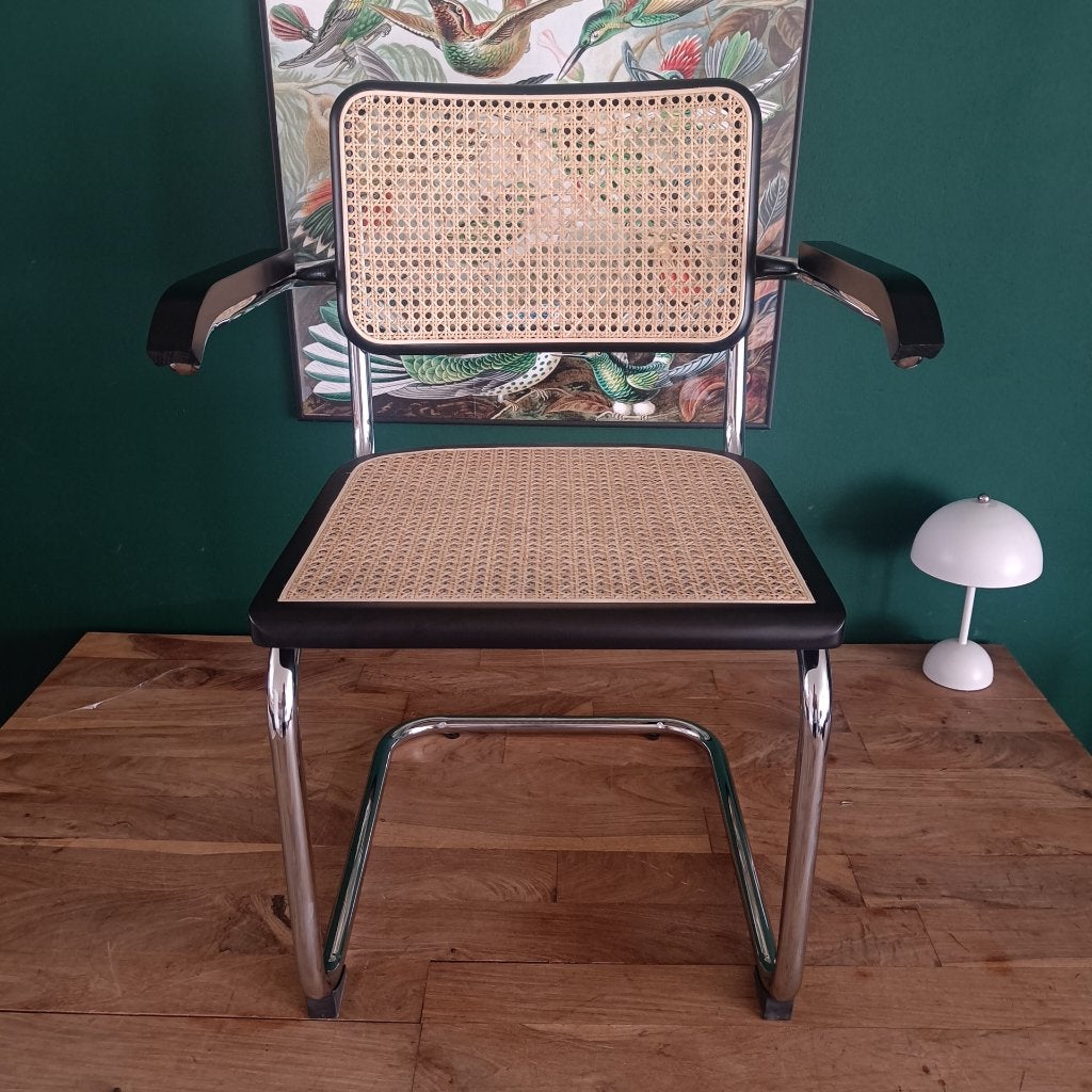 3x Cesca Breuer buisframe stoel zwart rotan webbing leuning, Ophalen of Verzenden, Zo goed als nieuw, Zwart, Bureaustoel