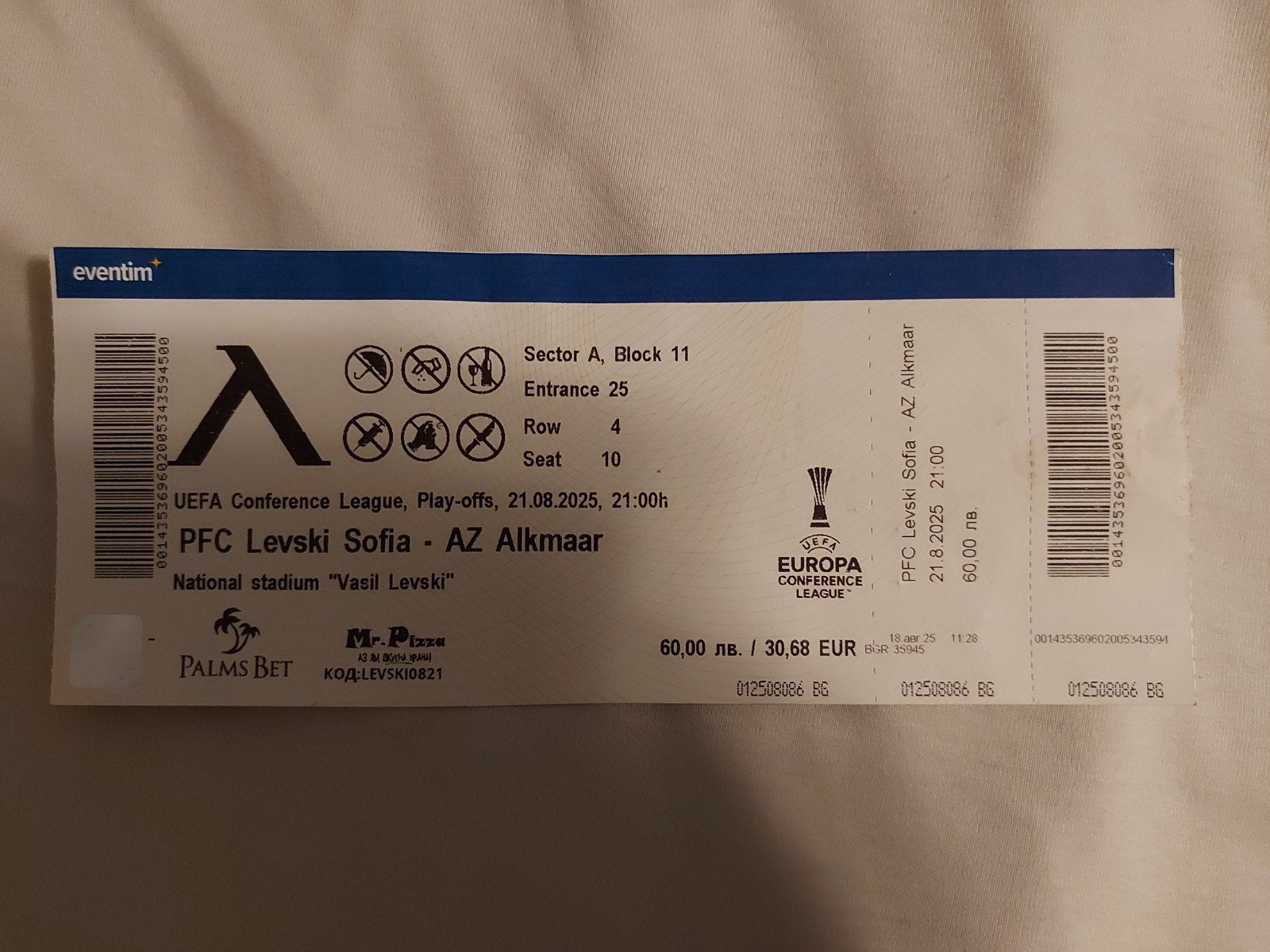 Ticket Levski Sofia - AZ 21-8-2025, Tickets en Kaartjes, Eén persoon